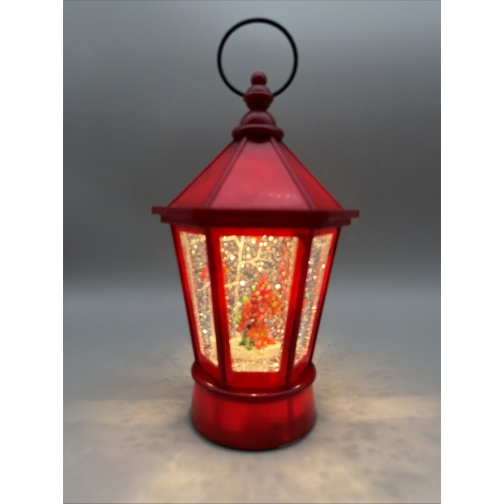 Christmas Lighted Musical Snow Globe Lantern  Glitter Cardinals EUC
